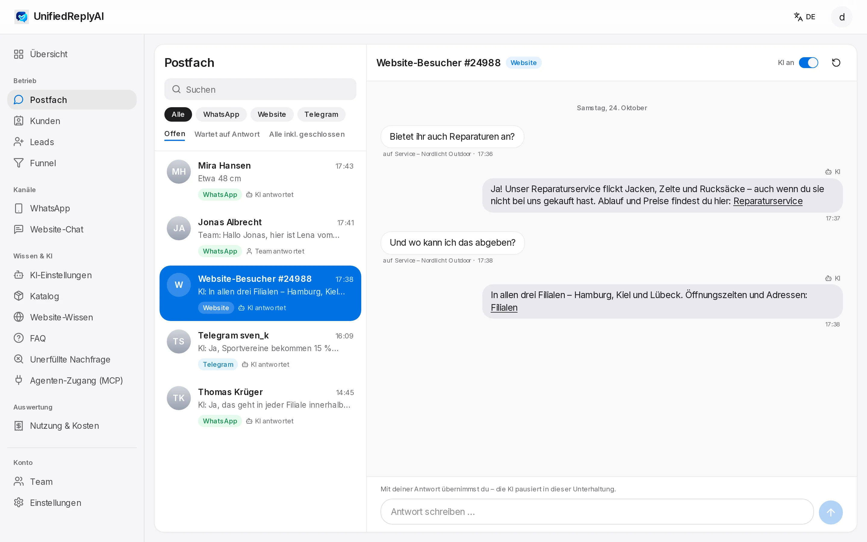 Inbox with conversation list and history