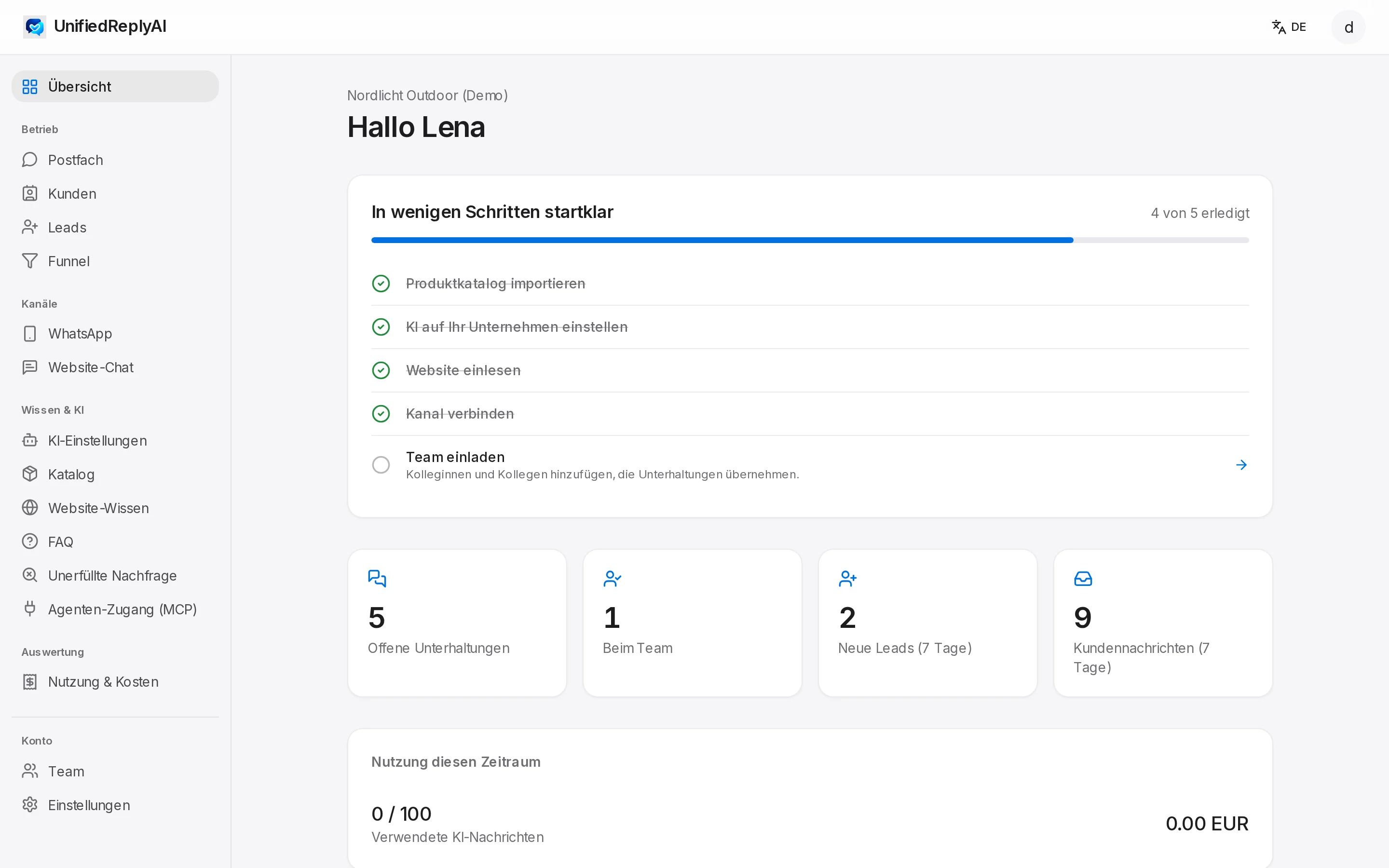 Overview with setup checklist and key figures