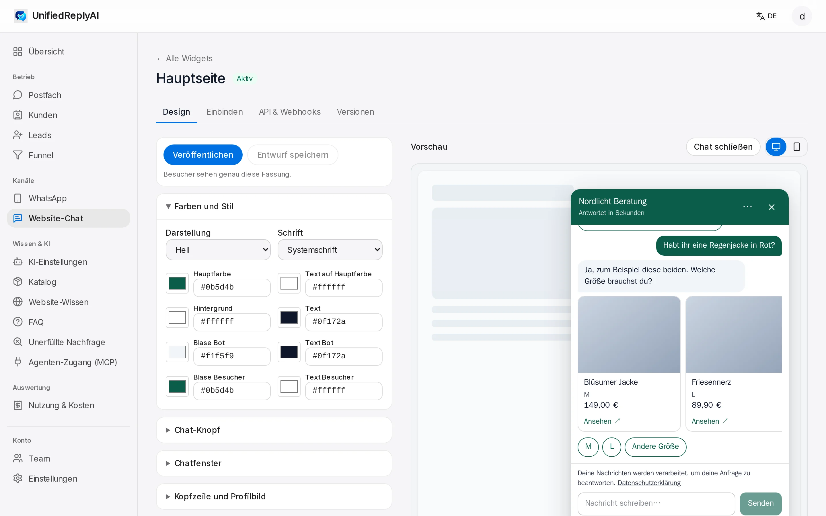 Website chat design builder with live preview