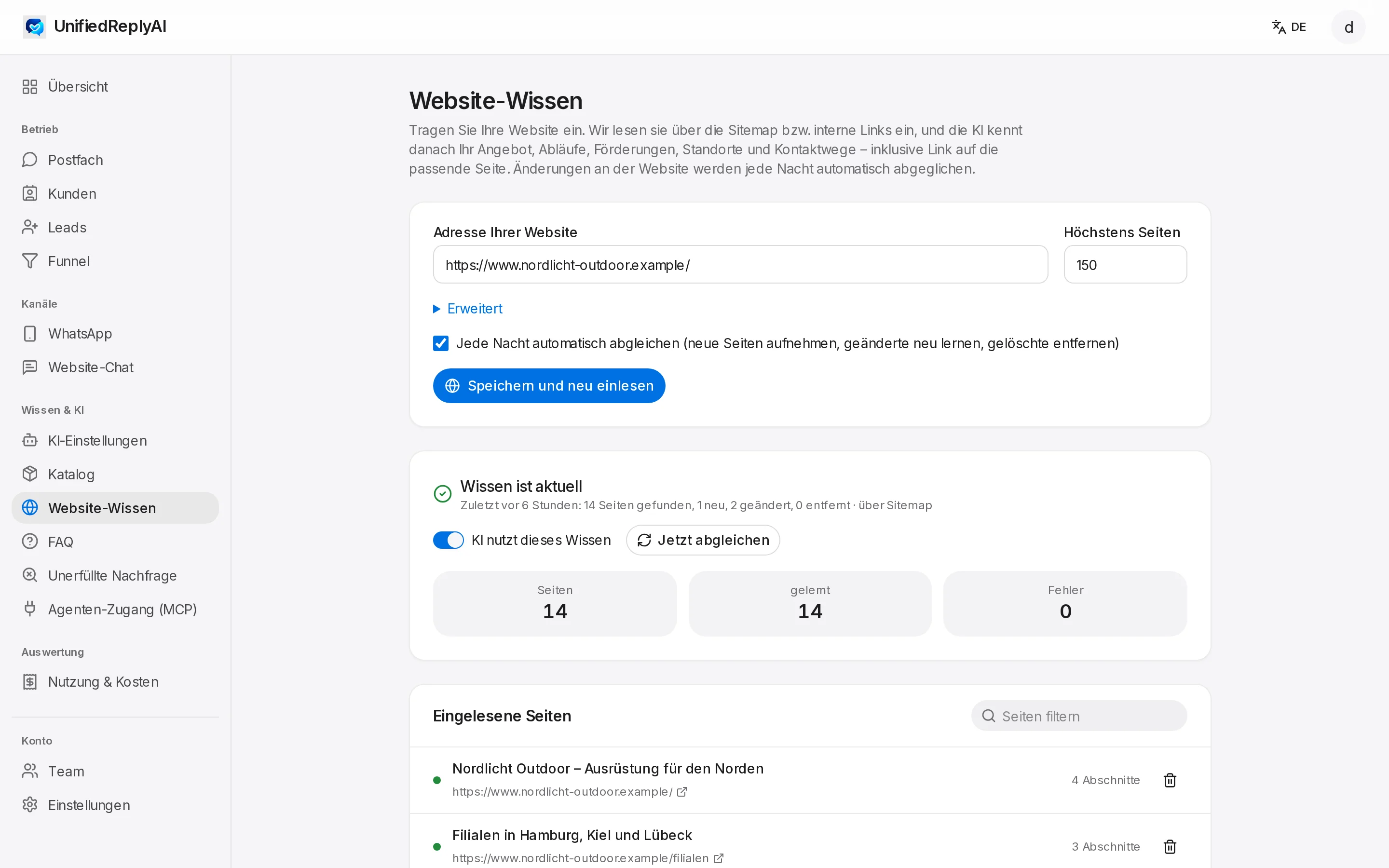 Website knowledge with pages read and sync status